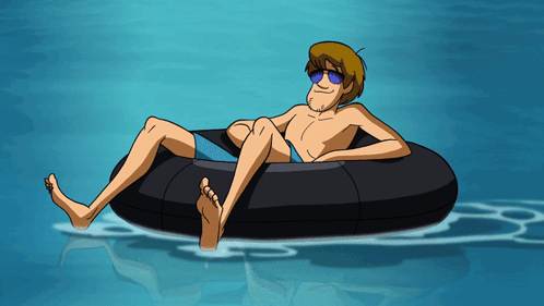 A Cartoon Character Is Floating On A Black Inner Tube In A Pool GIF