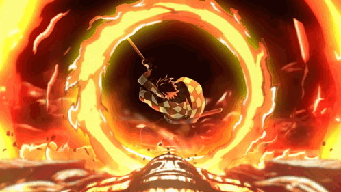 A Cartoon Character Is Flying Through A Circle Of Flames GIF