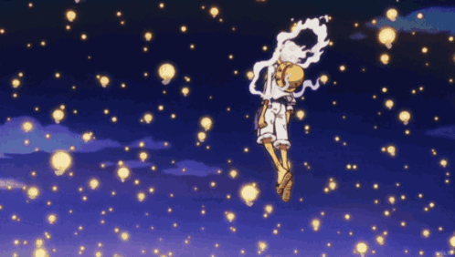 A Cartoon Character Is Flying Through A Night Sky Surrounded By Light Bulbs GIF