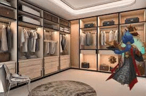 A Cartoon Character Is Flying Through A Walk In Closet Filled With Lots Of Clothes . GIF