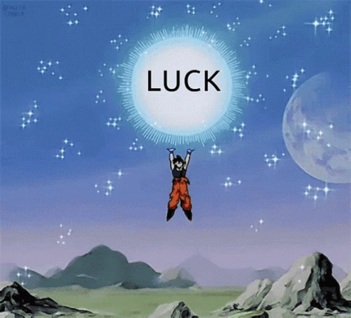 A Cartoon Character Is Flying Through The Air Holding A Sphere That Says Luck GIF