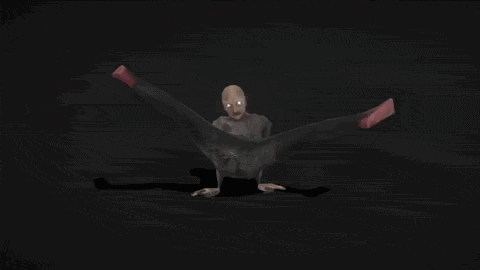 A Cartoon Character Is Flying Through The Air In A Dark Room While Wearing Flippers . GIF