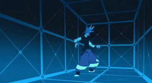 a cartoon character is flying through the air in a purple and blue animated scene .
