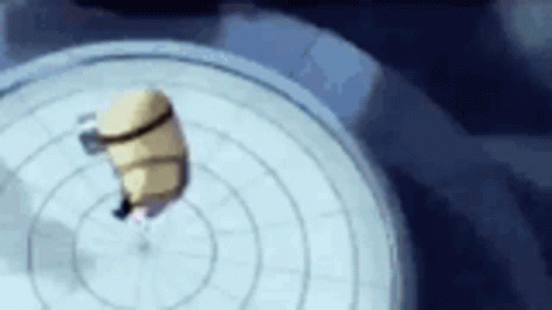 A Cartoon Character Is Flying Through The Air On Top Of A Circle . GIF