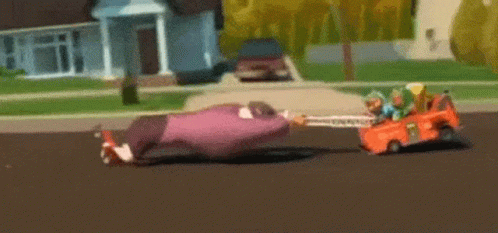 A Cartoon Character Is Flying Through The Air While Driving Down A Street . GIF