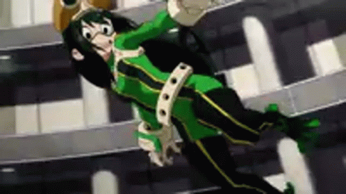 A Cartoon Character Is Flying Through The Air While Wearing A Green And Black Outfit . GIF
