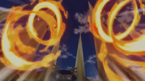 A Cartoon Character Is Flying Through The Air With A Bunch Of Fire Rings Coming Out Of His Mouth . GIF