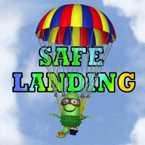 A Cartoon Character Is Flying Through The Air With A Colorful Parachute That Says Safe Landing GIF