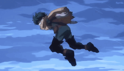 A Cartoon Character Is Flying Through The Air With A Scarf Around His Neck And The Word My Hero Academia On The Bottom GIF
