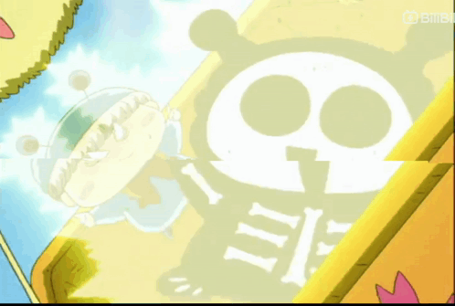 A Cartoon Character Is Flying Through The Air With A Skull And Crossbones Behind Him GIF