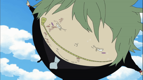 a cartoon character is flying through the air with a smiley face on his face