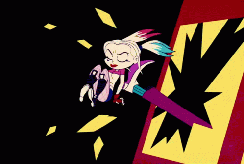 A Cartoon Character Is Flying Through The Air With A Sword In Her Hand GIF