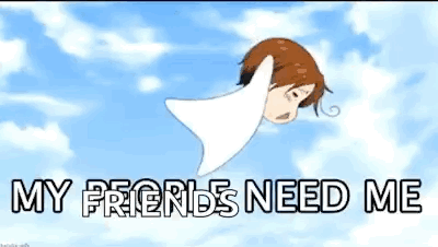 A Cartoon Character Is Flying Through The Air With The Words `` My Friends Need Me '' Written On The Bottom . GIF