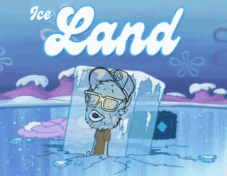 A Cartoon Character Is Frozen In Ice And The Words Ice Land Are Above Him GIF