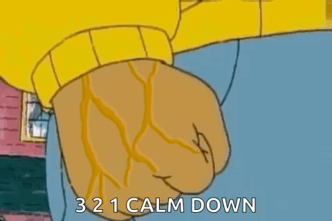 A Cartoon Character Is Giving A Fist Bump With The Words `` Calm Down '' Written On It . GIF