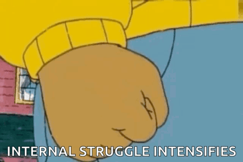 A Cartoon Character Is Giving A Fist Bump With The Words `` Internal Struggle Intensifies '' Written Below Him . GIF