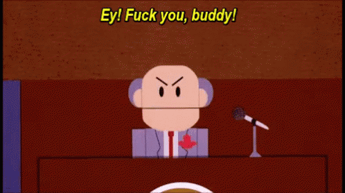 A Cartoon Character Is Giving A Speech And Says " Ey ! Fuck You Buddy " GIF