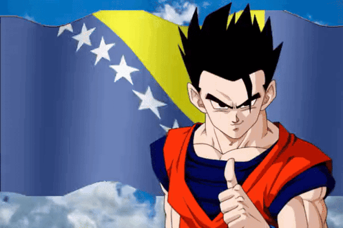 a cartoon character is giving a thumbs up in front of a blue and yellow flag
