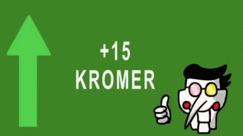 A Cartoon Character Is Giving A Thumbs Up On A Green And Red Box That Says Kromer . GIF
