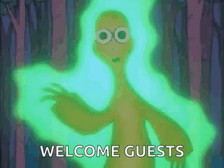 A Cartoon Character Is Glowing In The Dark With The Words Welcome Guests Behind Him GIF