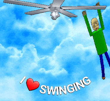A Cartoon Character Is Hanging From A Ceiling Fan With The Words I Love Swinging Below Him GIF