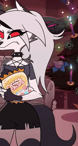 A Cartoon Character Is Holding A Bag Of Chaos Crisps In Front Of A Christmas Tree GIF
