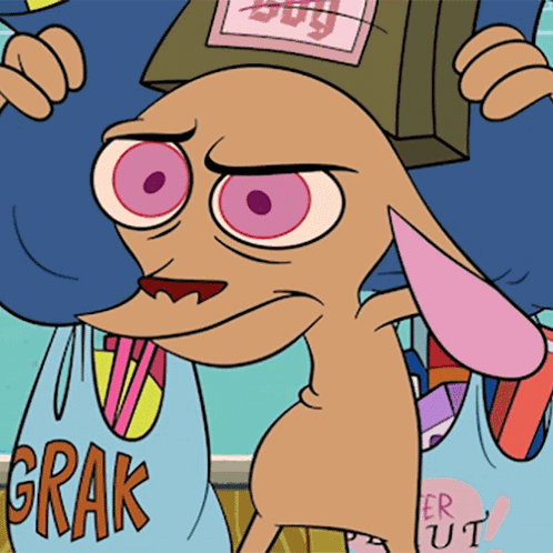 A Cartoon Character Is Holding A Bag That Says " Grak " GIF