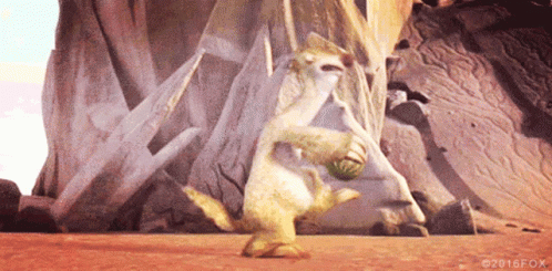 A Cartoon Character Is Holding A Ball In Front Of A Large Rock . GIF