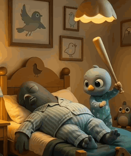 A Cartoon Character Is Holding A Bat Next To A Sleeping Character GIF