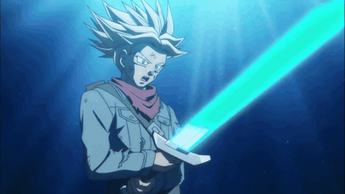 A Cartoon Character Is Holding A Blue Sword GIF