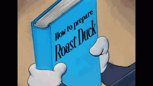 A Cartoon Character Is Holding A Book Titled How To Prepare Roast Duck GIF