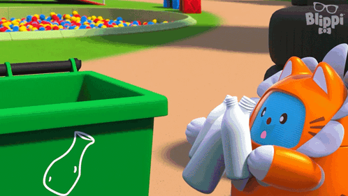 A Cartoon Character Is Holding A Bottle In Front Of A Green Recycling Bin . GIF