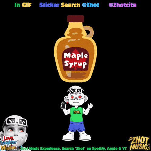 a cartoon character is holding a bottle of maple syrup above his head