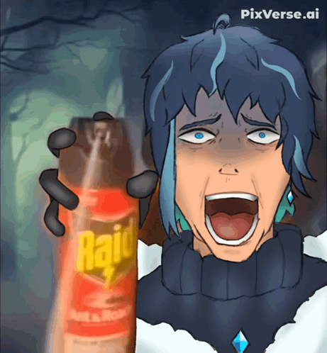 A Cartoon Character Is Holding A Bottle Of Raid Insect Killer GIF