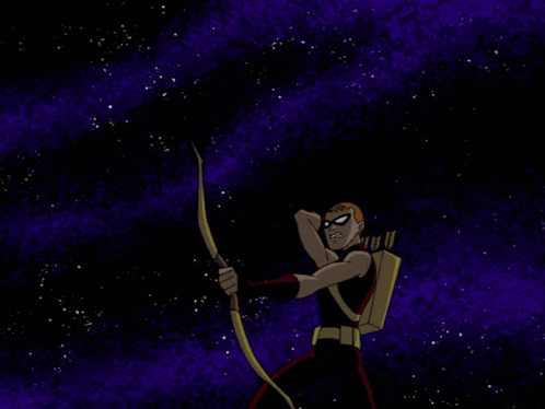 A Cartoon Character Is Holding A Bow And Arrow In The Dark GIF