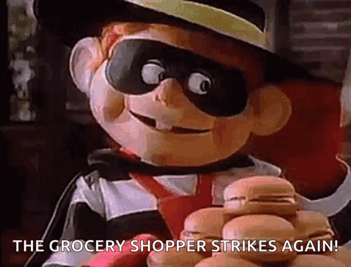 A Cartoon Character Is Holding A Bunch Of Hamburgers And Says `` The Grocery Shopper Strikes Again '' . GIF