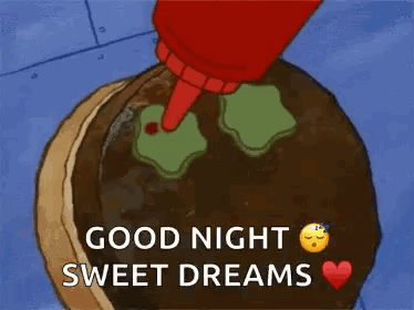 A Cartoon Character Is Holding A Cake With Smiley Faces On It And Says Good Night Sweet Dreams GIF