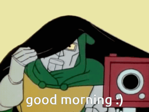 A Cartoon Character Is Holding A Camera And Says Good Morning :) GIF