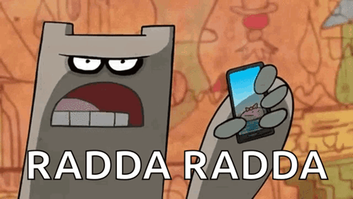 A Cartoon Character Is Holding A Cell Phone With The Words Radda Radda Written Below It GIF