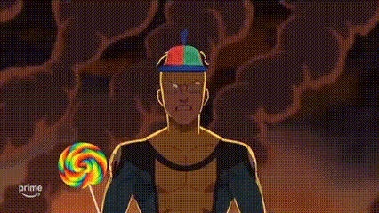 a cartoon character is holding a colorful lollipop and wearing a colorful hat .