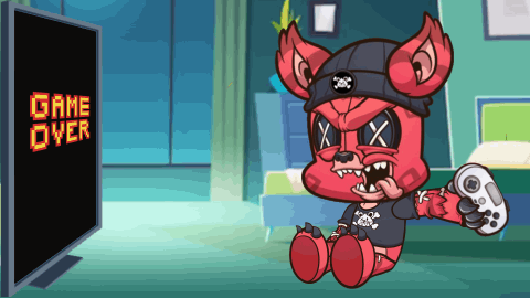 A Cartoon Character Is Holding A Controller In Front Of A Game Over Screen GIF