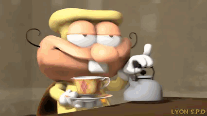 A Cartoon Character Is Holding A Cup Of Coffee Next To A Tea Kettle With Lyon Spd Written On It GIF