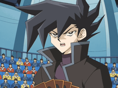 A Cartoon Character Is Holding A Deck Of Cards In Front Of A Crowd Of People GIF