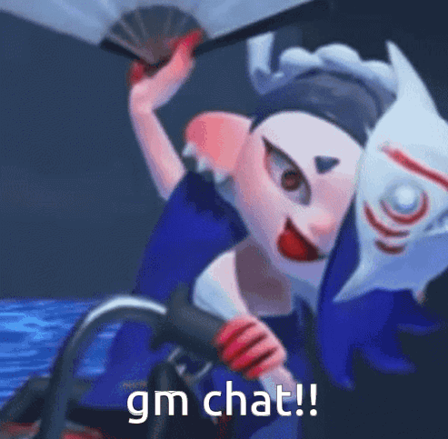 A Cartoon Character Is Holding A Fan And A Mask And Says `` Gm Chat ! '' GIF