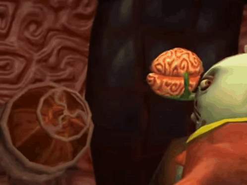 A Cartoon Character Is Holding A Flower With A Brain On It GIF
