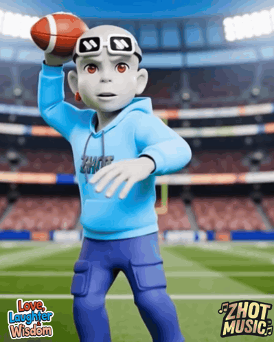A Cartoon Character Is Holding A Football With The Words Love Laughter Wisdom Behind Him GIF