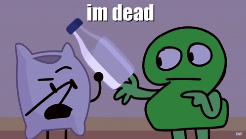 A Cartoon Character Is Holding A Glass And Says " Im Dead " In White Letters GIF