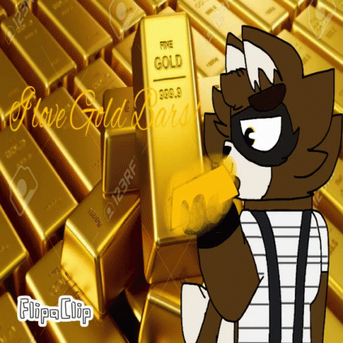 A Cartoon Character Is Holding A Gold Bar In Front Of A Pile Of Gold GIF