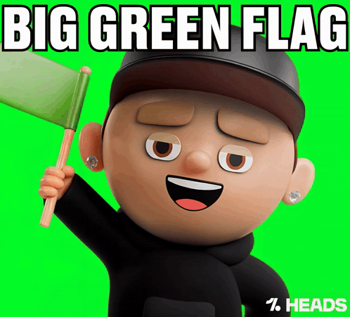 A Cartoon Character Is Holding A Green Flag With The Words Big Green Flag Above Him GIF