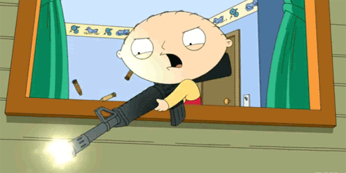 A Cartoon Character Is Holding A Gun And Looking Out A Window GIF